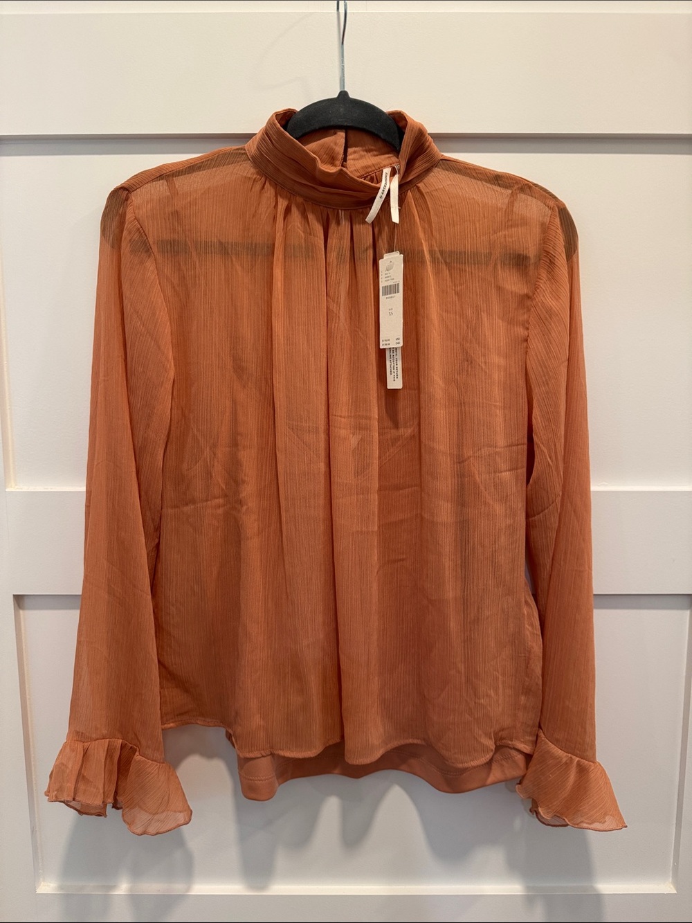 Anthropologie Sheer High-Neck Ruffle Cuff Blouse in Rust w/camisole